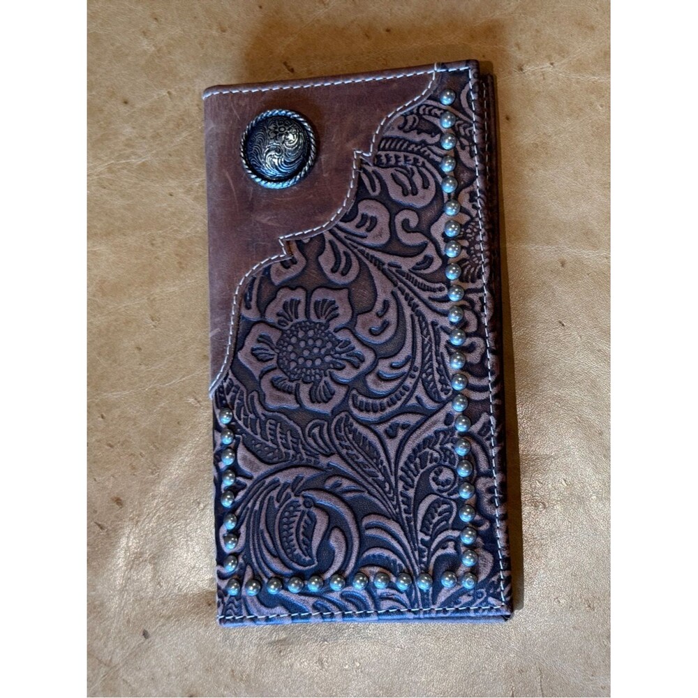 Myra Bag Brown Tooled Leather Card & Key Holder with Stud Accents